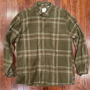 Men’s ROWM Green Plaid Flannel Lightweight Corduroy Button Down Shirt Sz Large